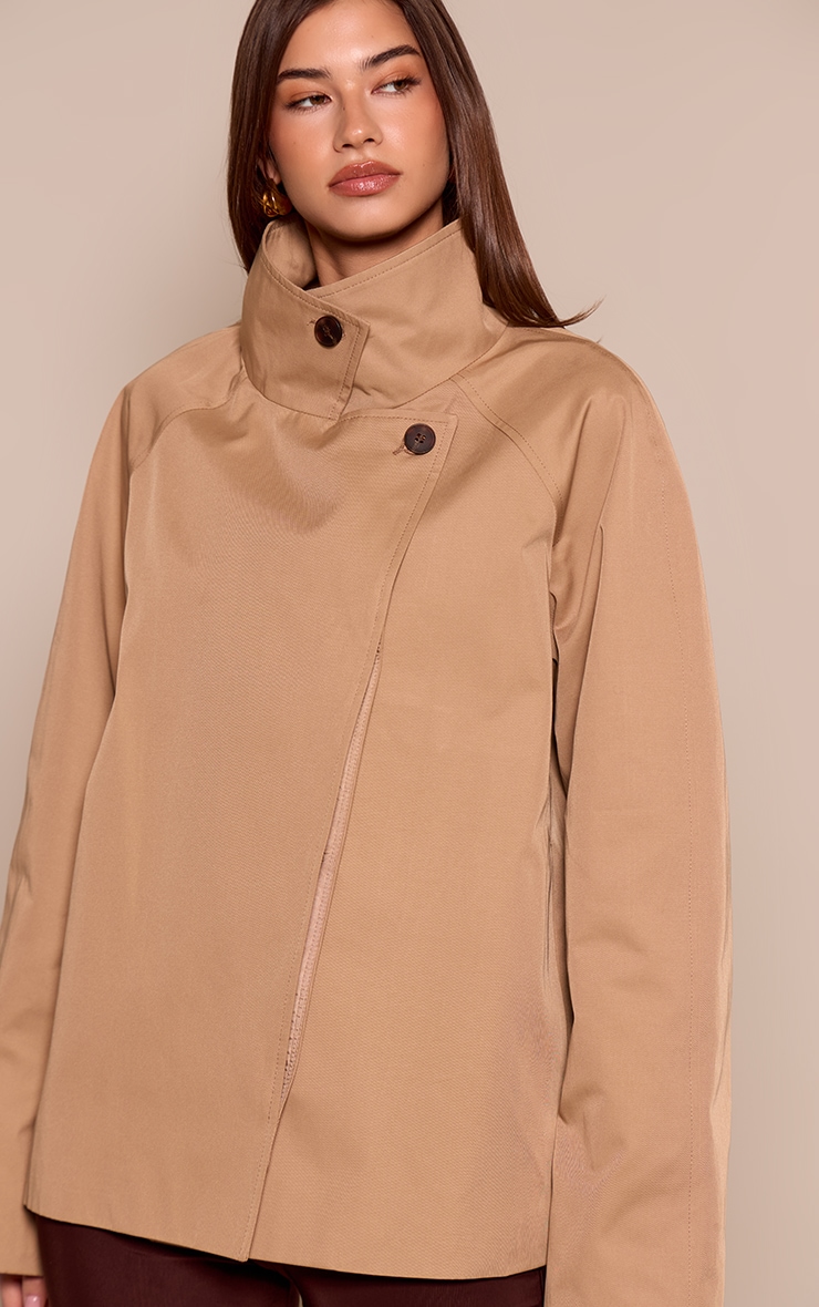 Tan Funnel Neck Midi Trench Coat