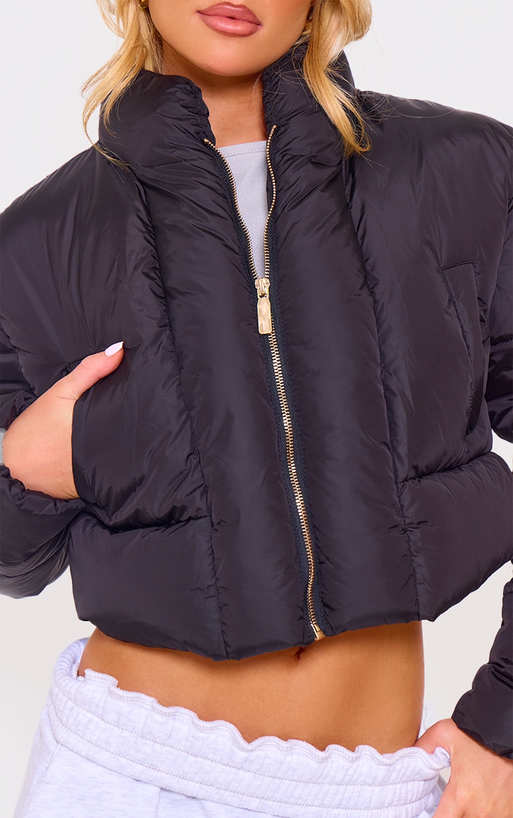 Black Curved Collar Seam Detail Cropped Puffer Jacket image 4