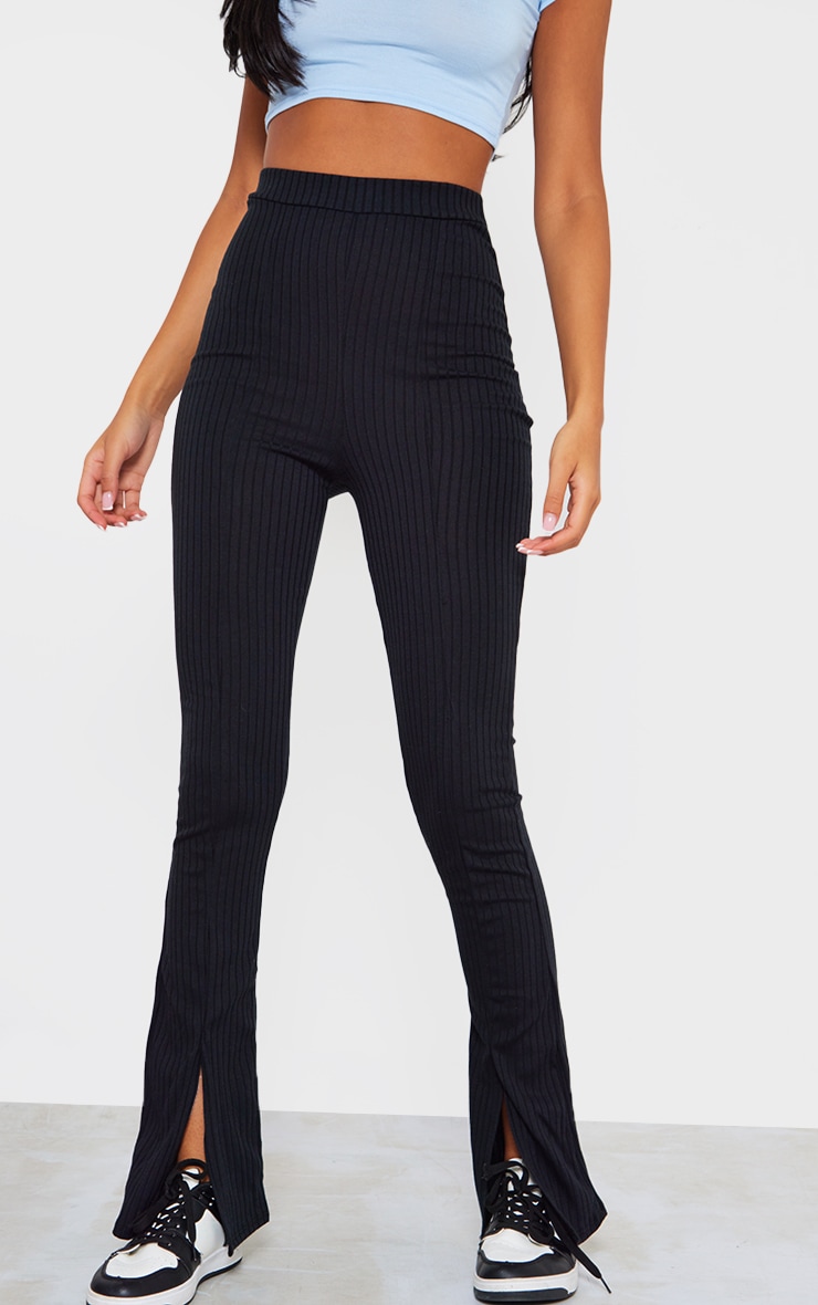 Tall Black Rib Split Hem Flared Trousers image 2