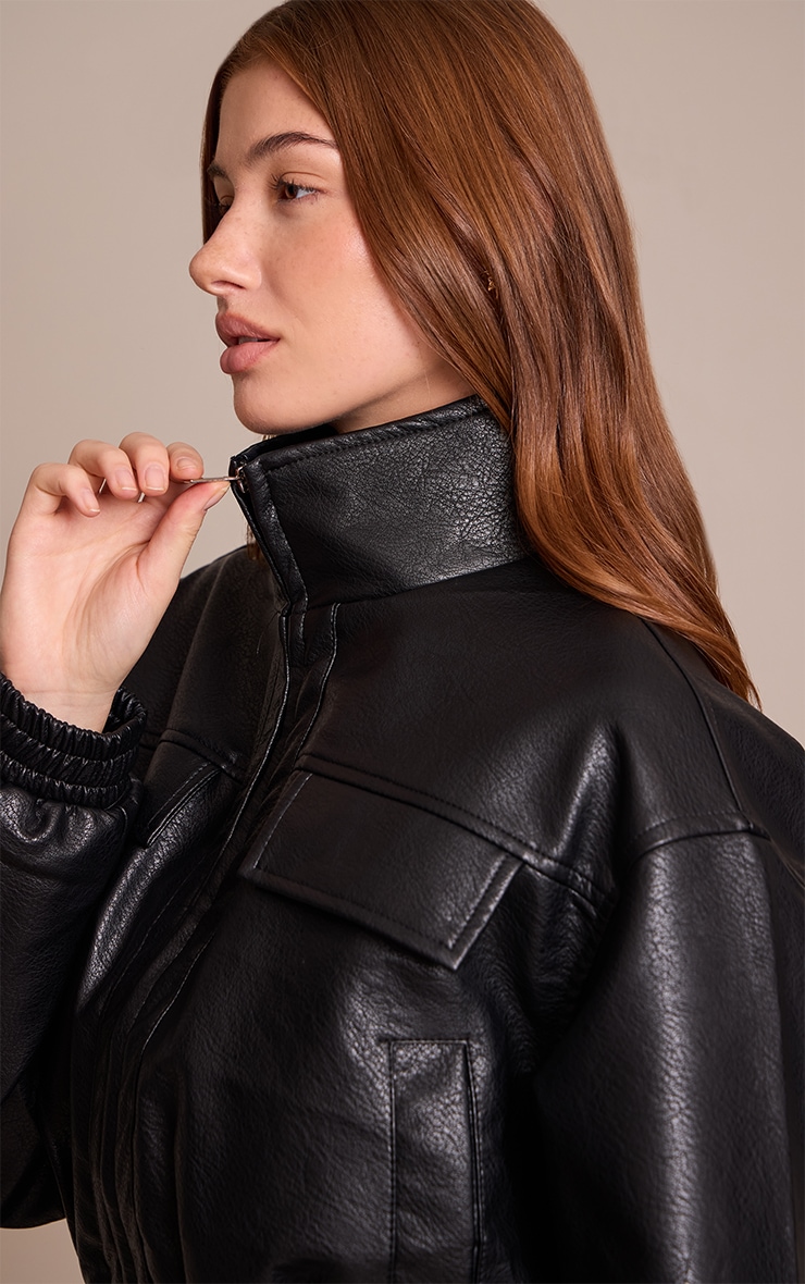 Black High Neck Cinched Waist Faux Leather Jacket image 4