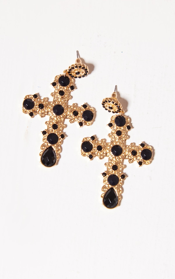 Black Jeweled Cross Statement Earrings image 2