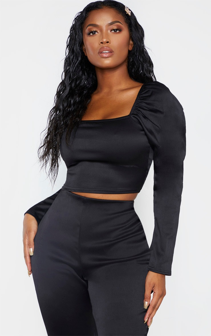 Shape Black Stretch Satin Square Neck Crop Top
