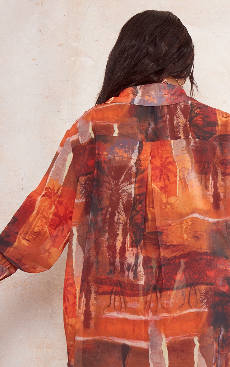 Plus Brown Abstract Printed Oversized Beach Shirt image 2