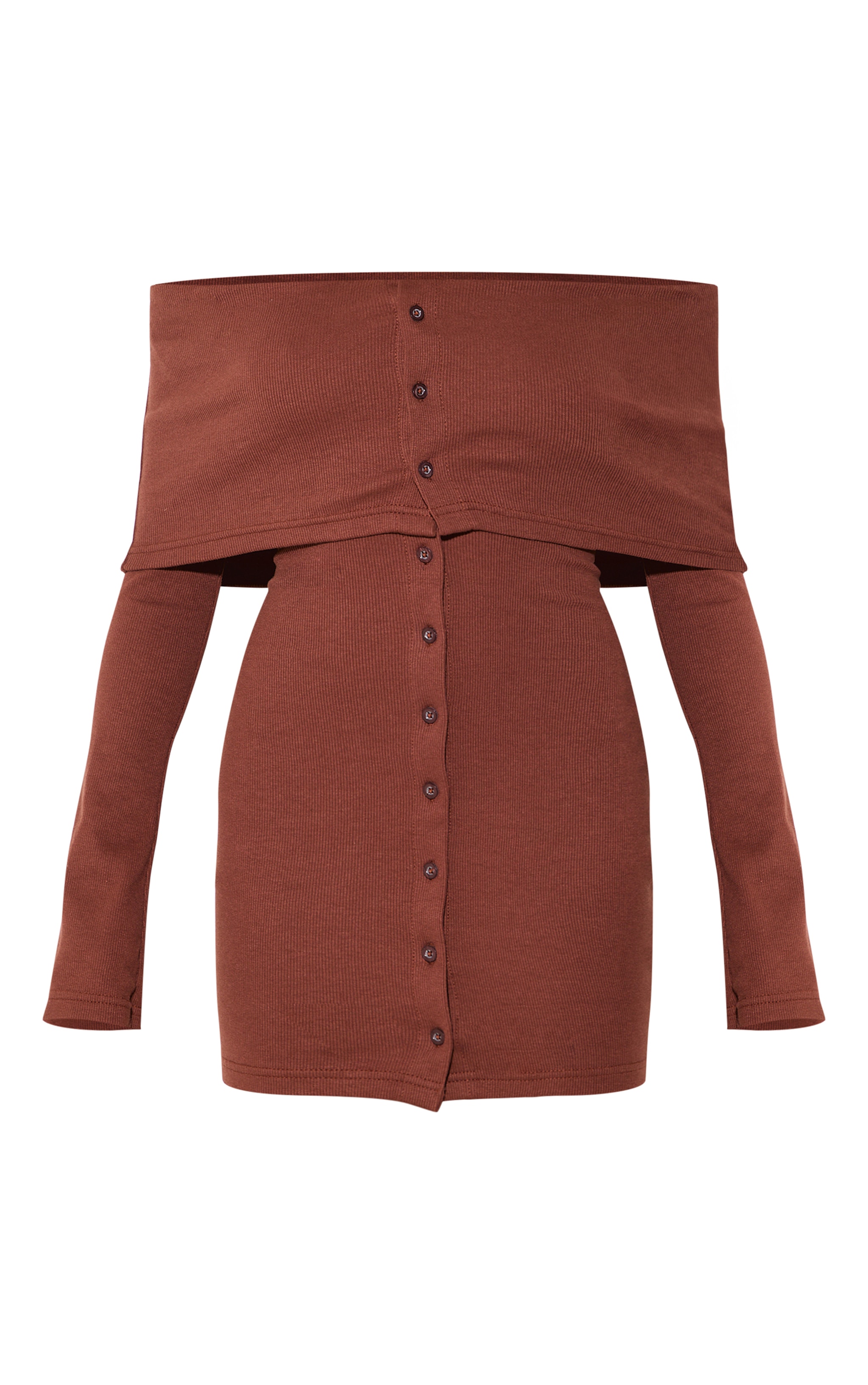 Mini robe côtelée chocolat à col bardot replié et boutons image 5