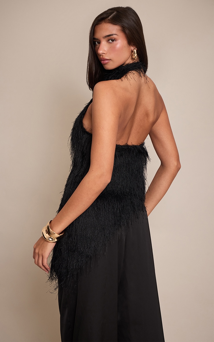 Black Textured Faux Fur Asymmetric Sleeveless Top image 2