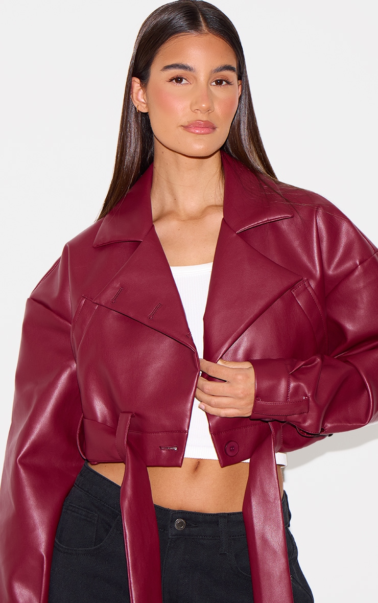 Burgundy Faux Leather Cropped Biker Jacket image 4