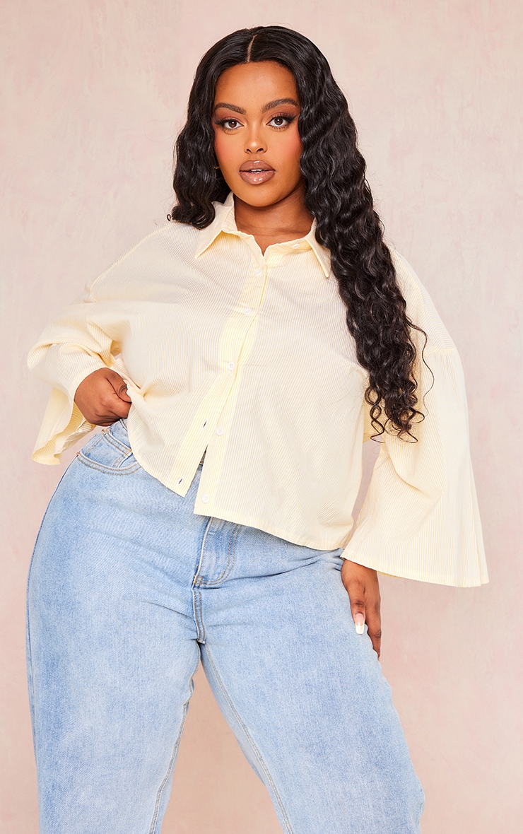 Plus Yellow Stripe Flare Sleeve Crop Shirt image 1