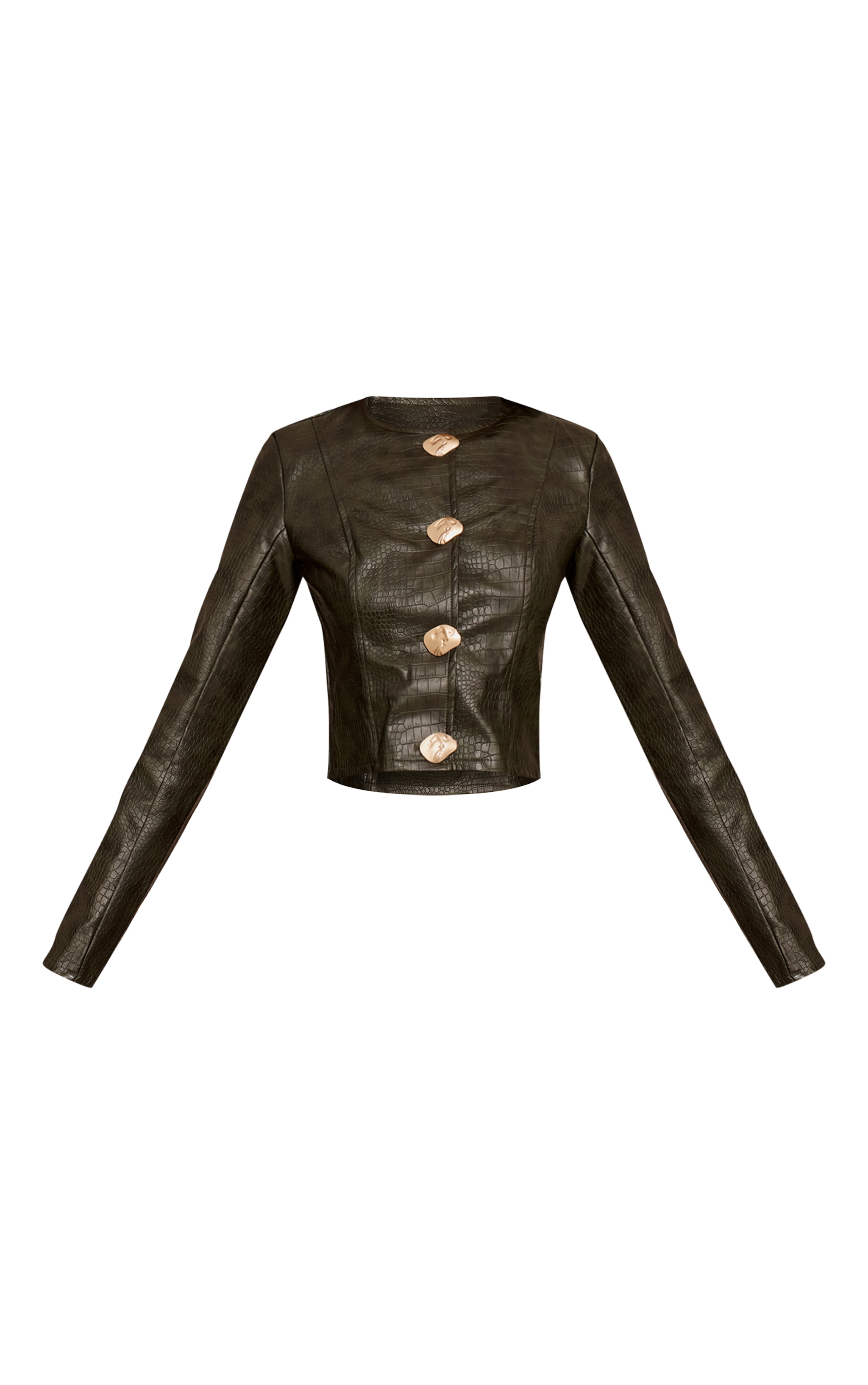 Veste courte en PU kaki effet croco à empiècements dorés image 5