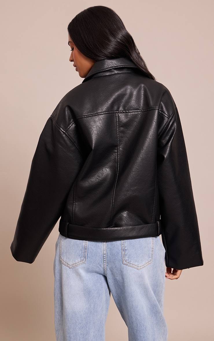 Tall Black Faux Leather Oversized Biker Jacket image 2
