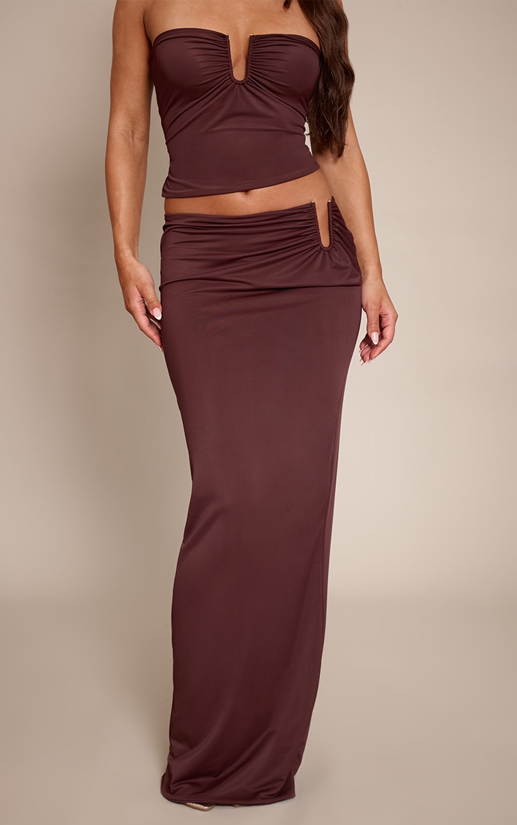 Chocolate Matte Sculpt V Bar Ruched Maxi Skirt image 2