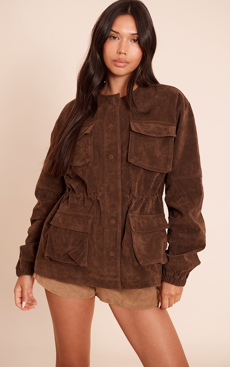 Chocolate Structured Faux Suede Pocket Detail Adjustable Waist Jacket image 1