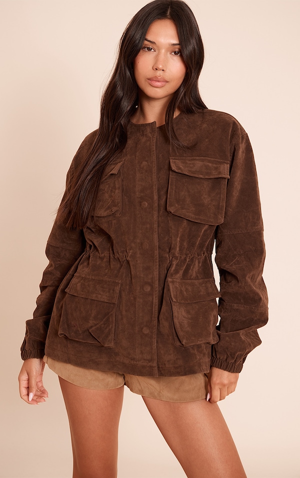 Veste structurée en suédine chocolat à taille ajustable et poches