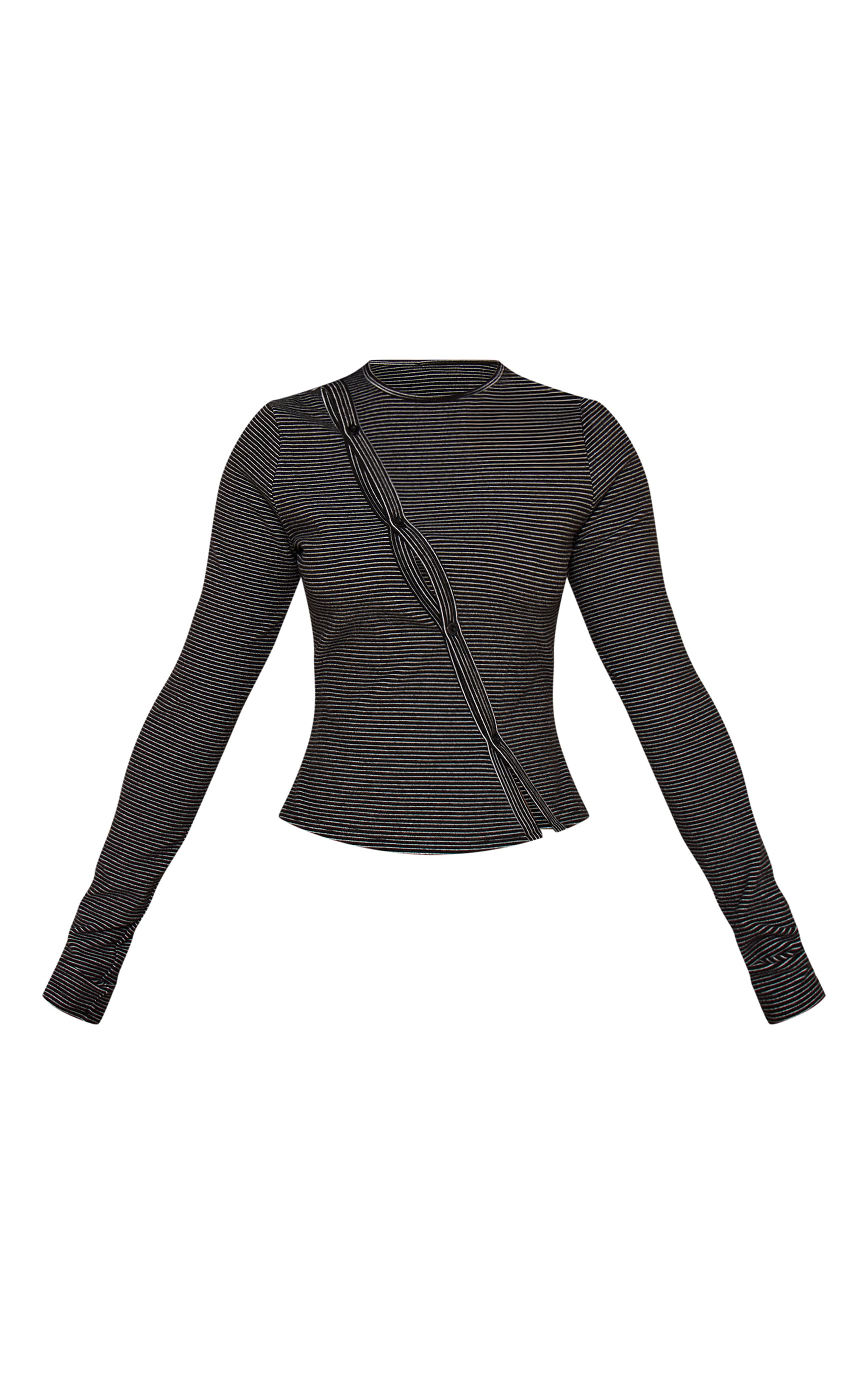 Petite Black Stripe Ribbed Asymmetric Button Long Sleeve Top image 5