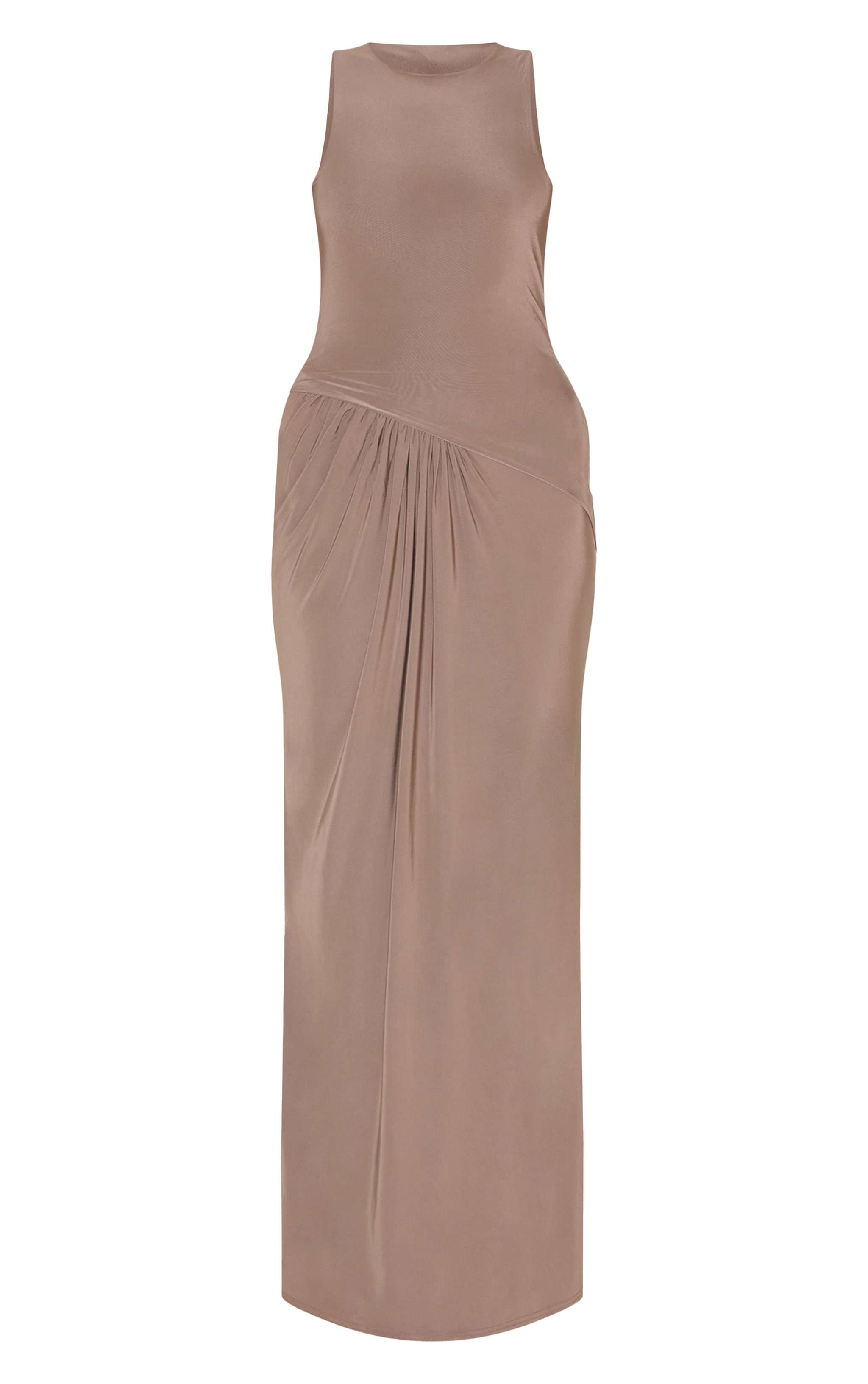 Mocha Double Layer Slinky Drop Waist Ruched Maxi Dress image 5