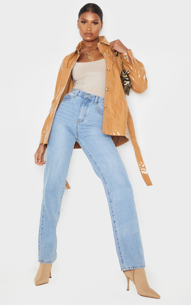 Tan Vinyl Belted Oversized Jacket