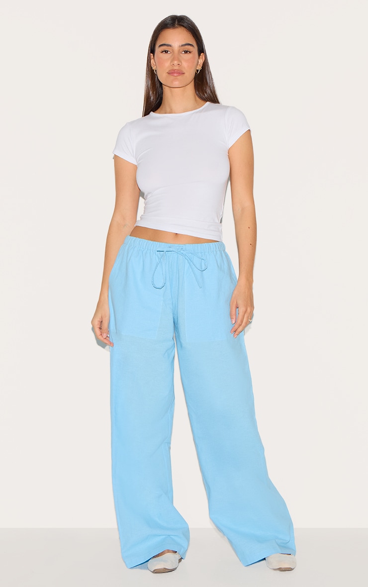 Pantalon en coton et effet lin mélangés bleu clair à cordons ajustables image 1