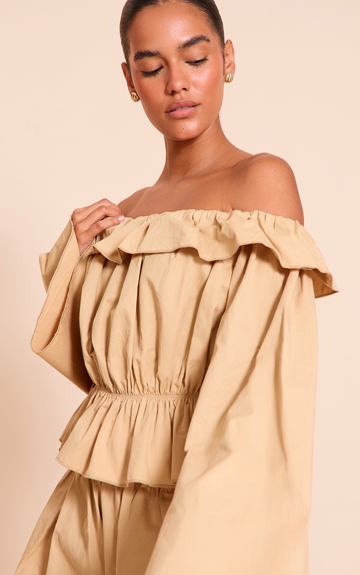 Stone Cotton Woven Frill Bardot Long Sleeve Long Top image 1