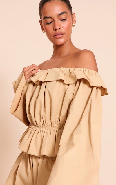 Stone Cotton Woven Frill Bardot Long Sleeve Long Top