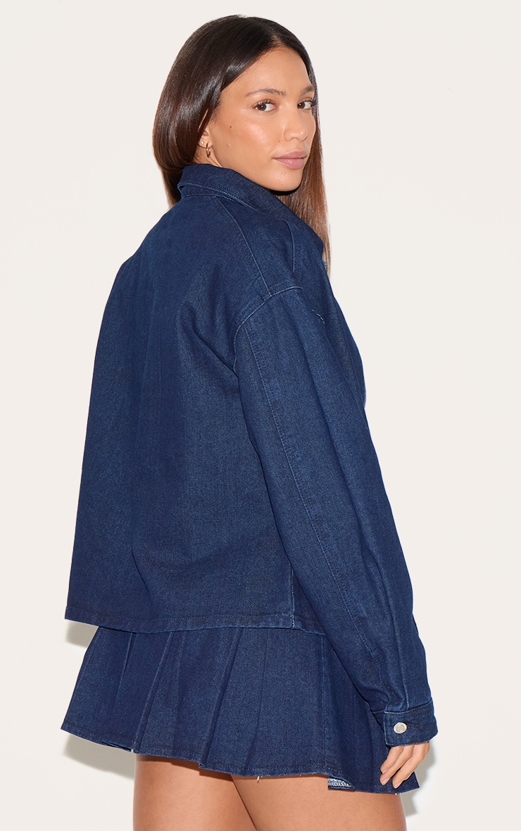 Tall Chemise oversize en jean indigo foncé à col replié et zip image 2