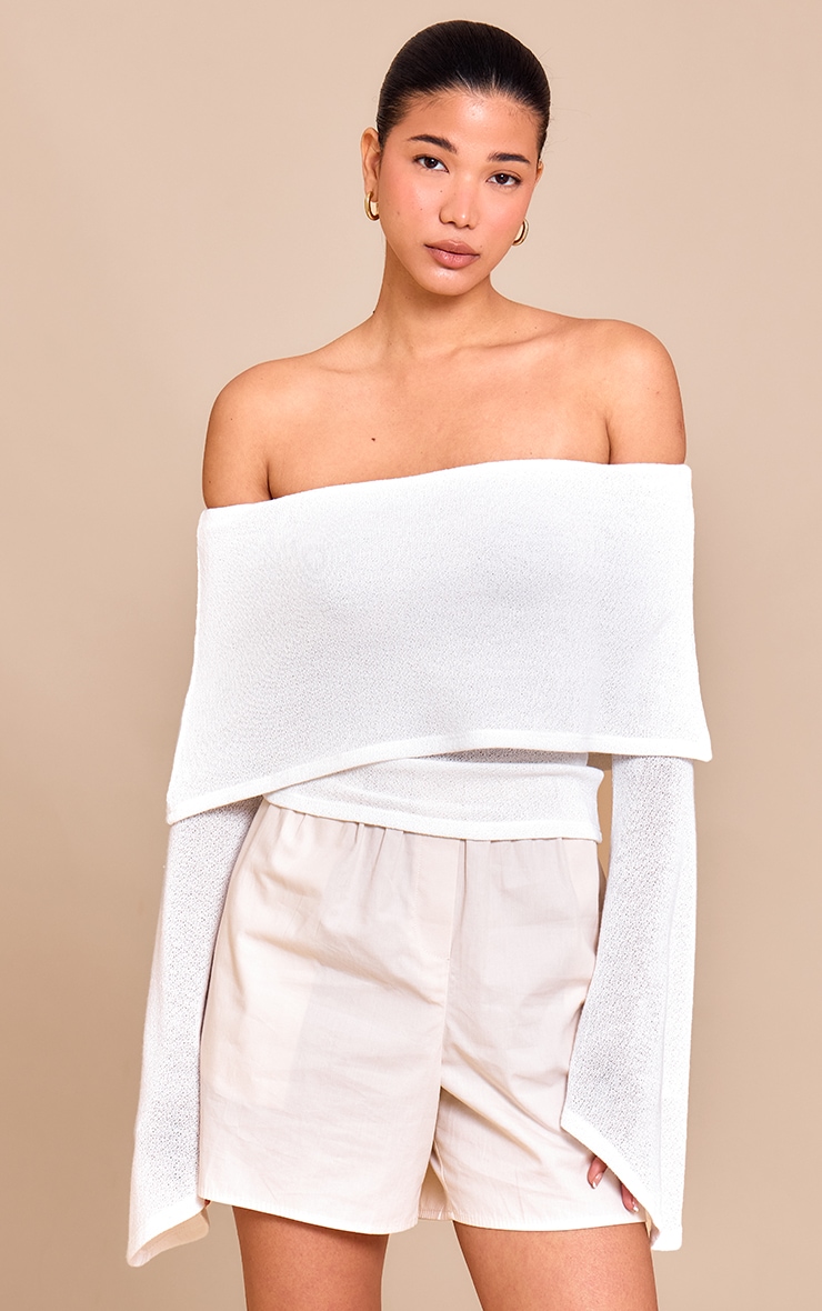 White Textured Fold Over Bardot Extreme Flute Sleeve Long Top image 1