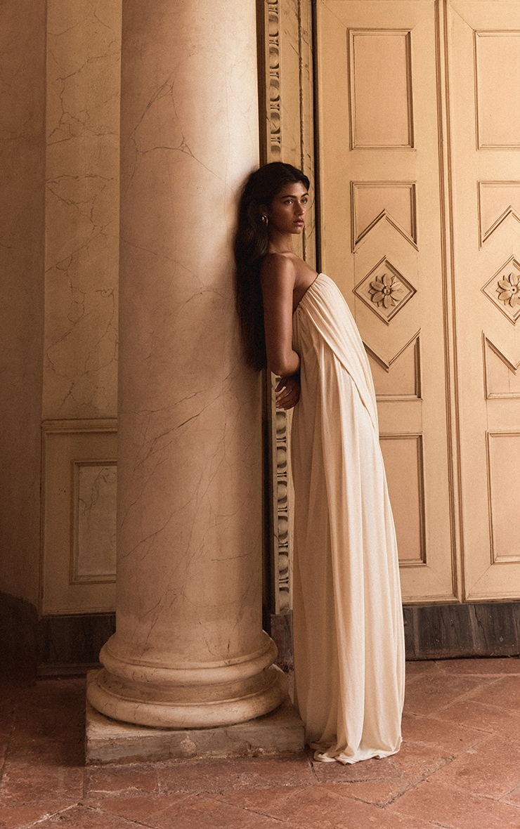 PLT Label Cream Mesh Drape Bandeau Maxi Dress image 4