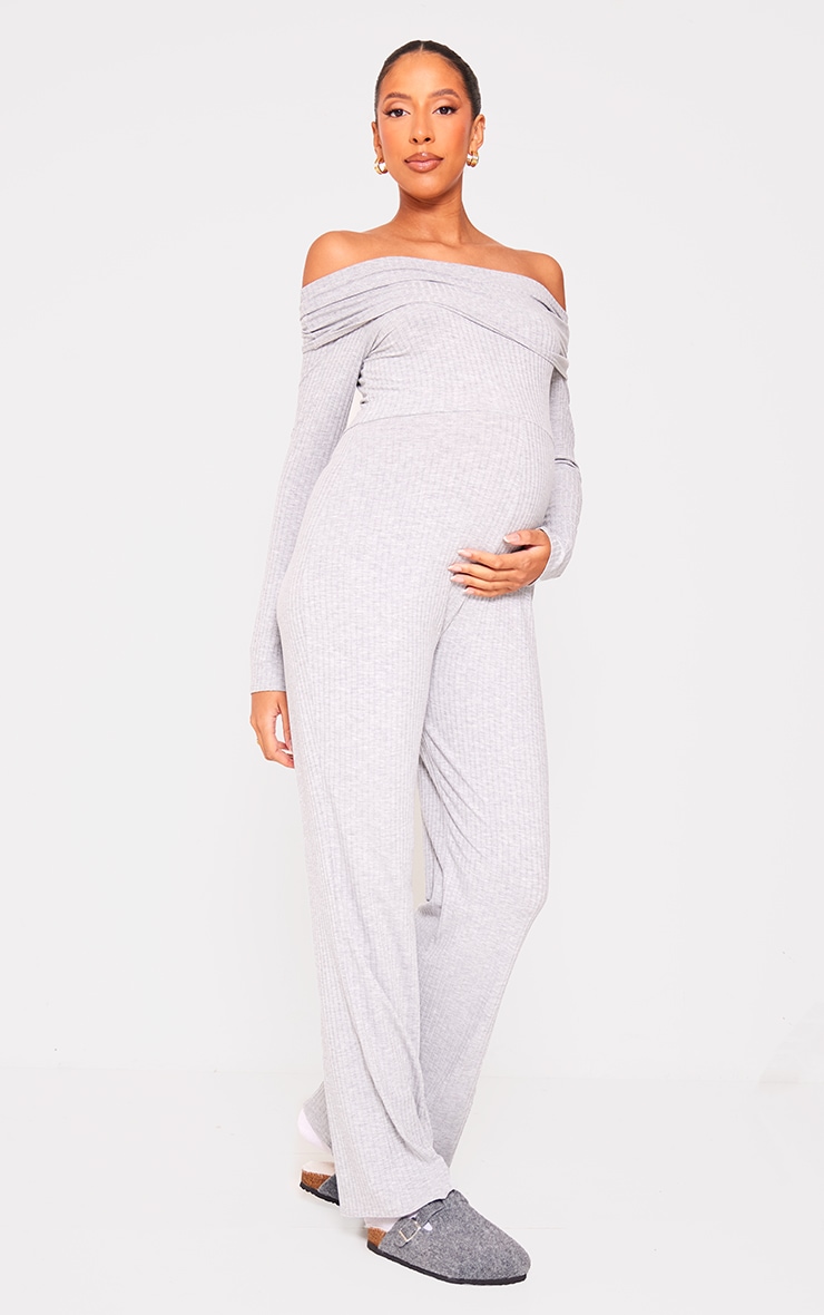 Maternity Grey Fold Over Rib Wide Leg Jumpsuit image 3