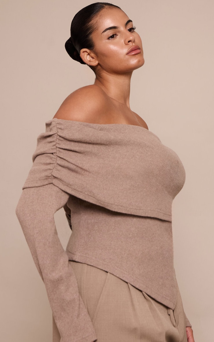 Plus Oatmeal Soft Touch Rib Off The Shoulder Long Sleeve Top image 4