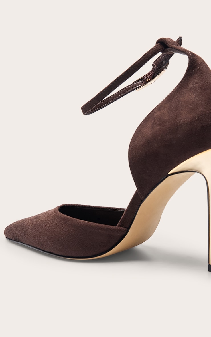 Chocolate Faux Suede Gold Heel Stiletto Court Heels image 5