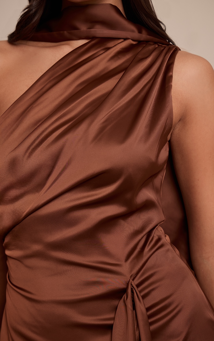Mocha Satin One Shoulder Drape Detail Mini Shift Dress image 4