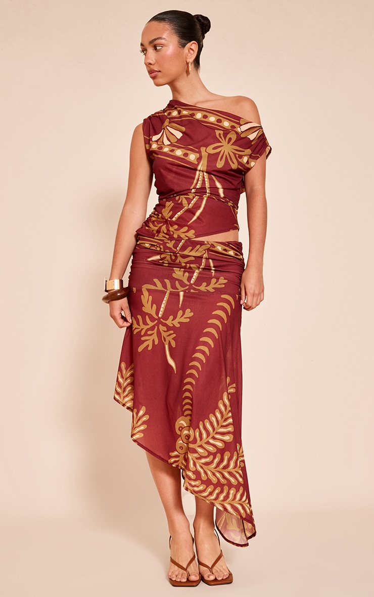 Rust Palm Print Chiffon Ruched Asymmetrical Crop Top image 3