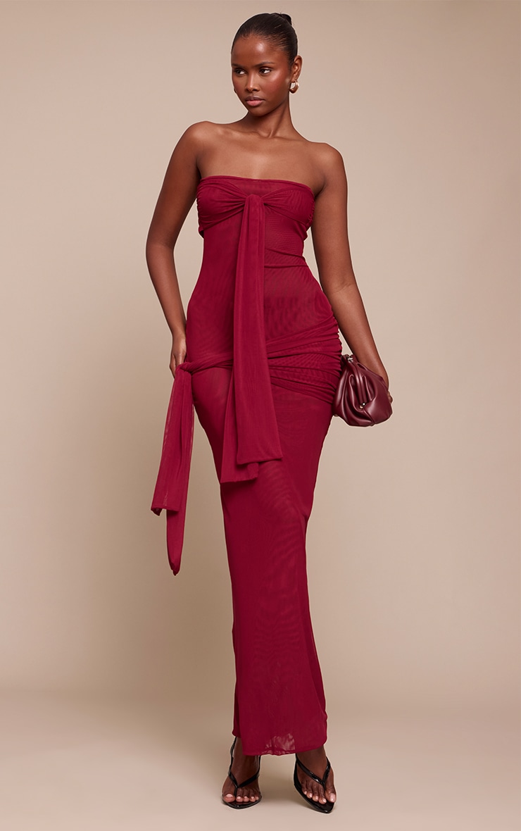 Burgundy Mesh Bandeau Knot Detail Maxi Dress image 1