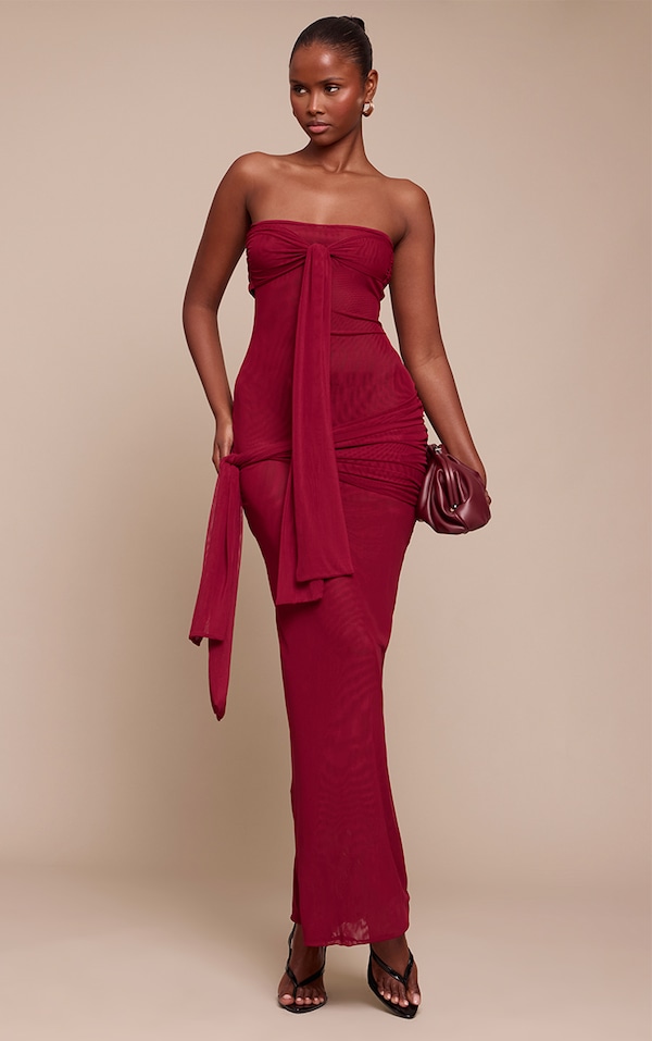 Burgundy Mesh Bandeau Knot Detail Maxi Dress