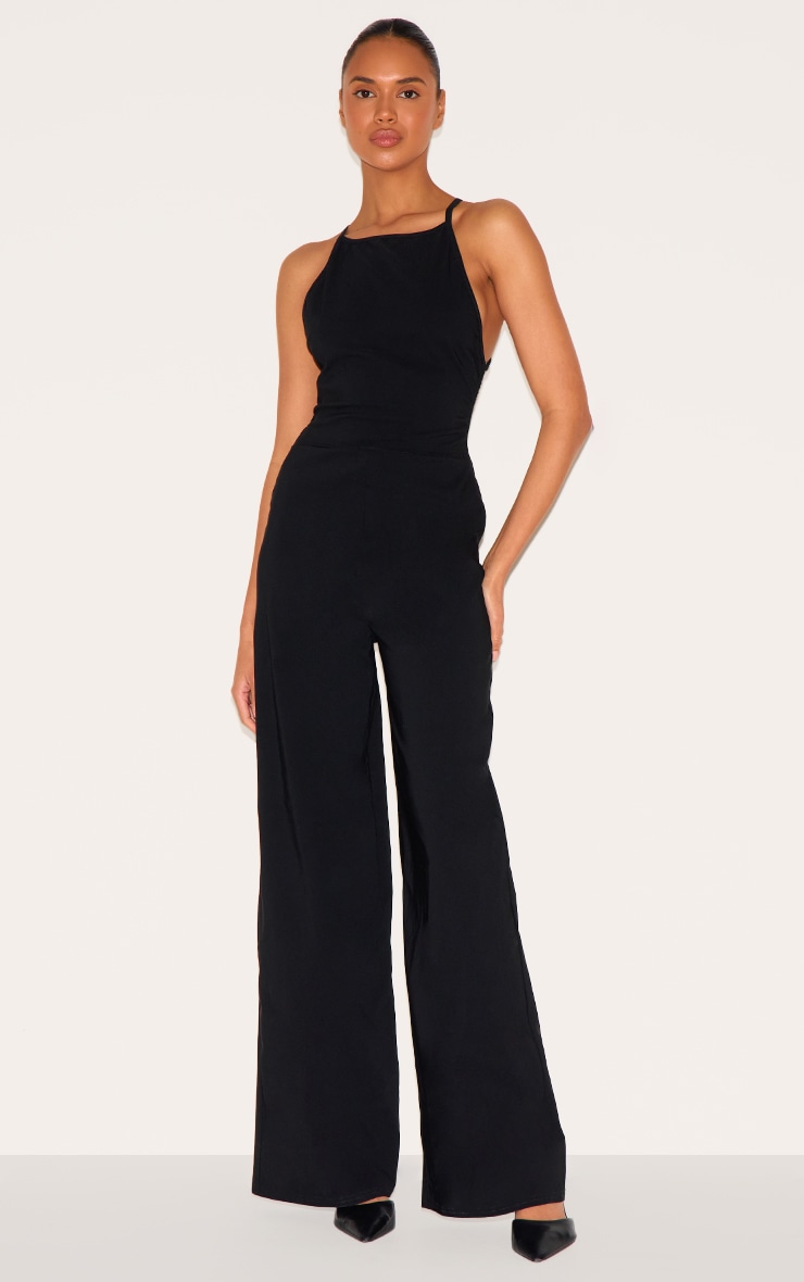 Black Stretch Woven Square Neck Wide Leg Jumpsuit