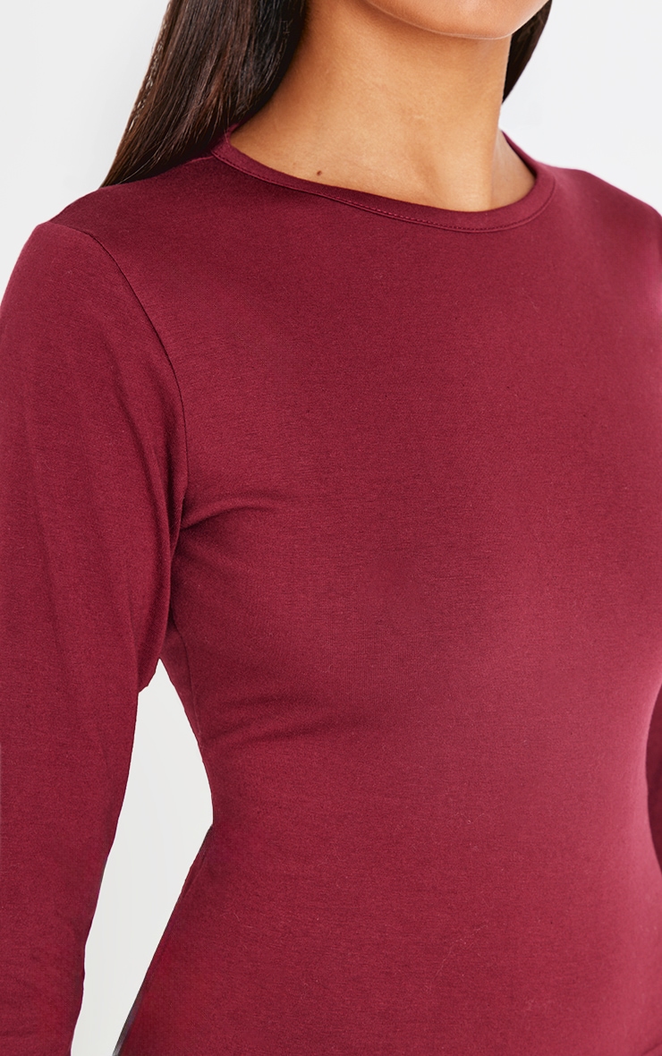 Burgundy Cotton Crew Neck Long Sleeve Fitted T Shirt image 4