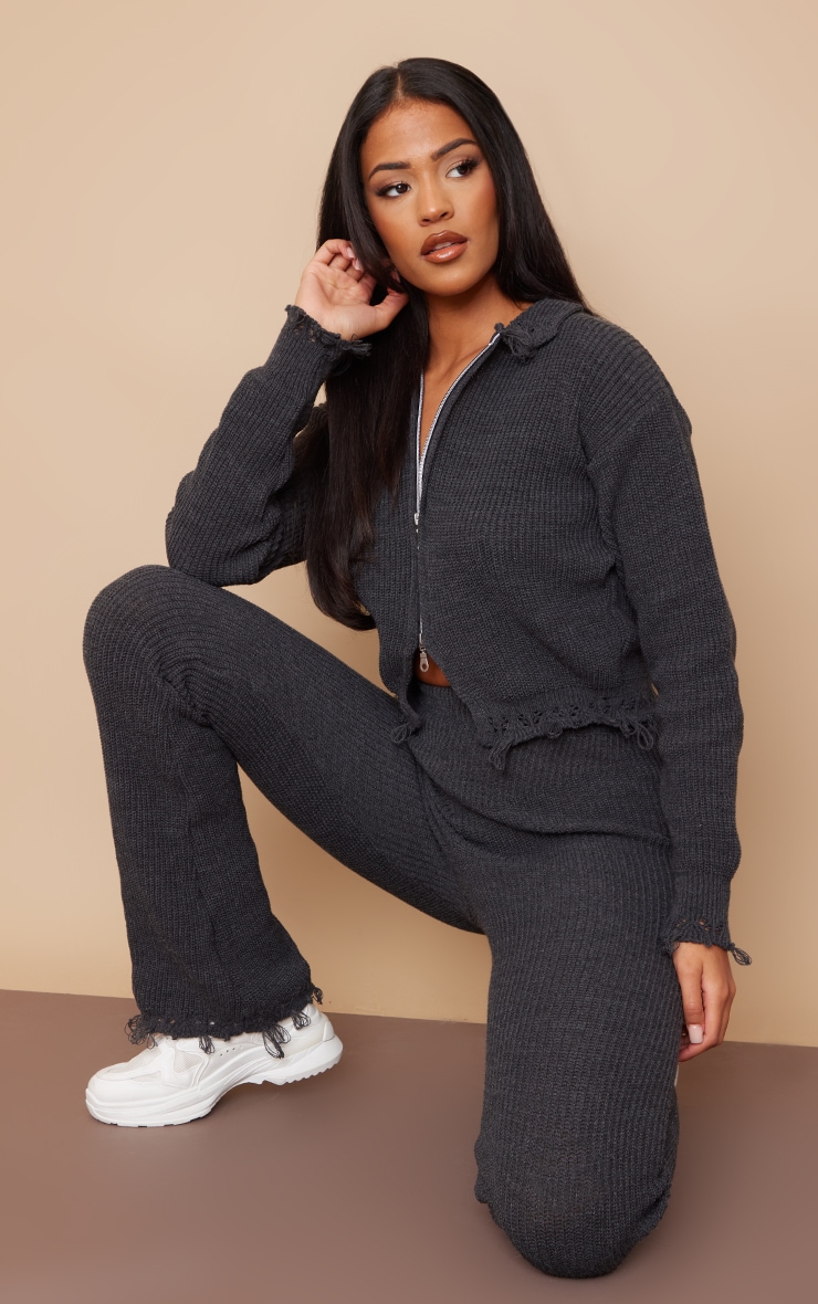 Tall Charcoal Knitted Distressed Cardigan image 3