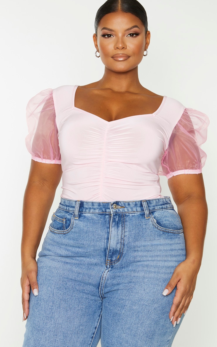 PLT Plus - Body slinky rose cendré à manches en organza froncées
