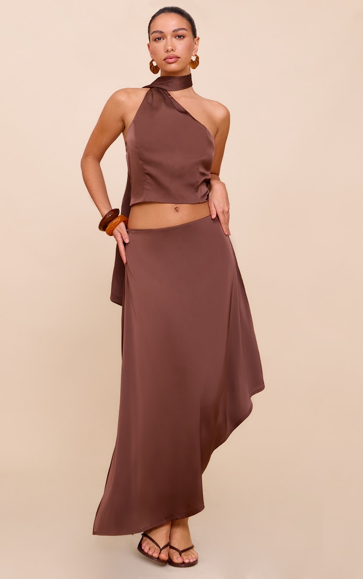 Dark Brown Satin Asymmetric Midi Skirt image 1