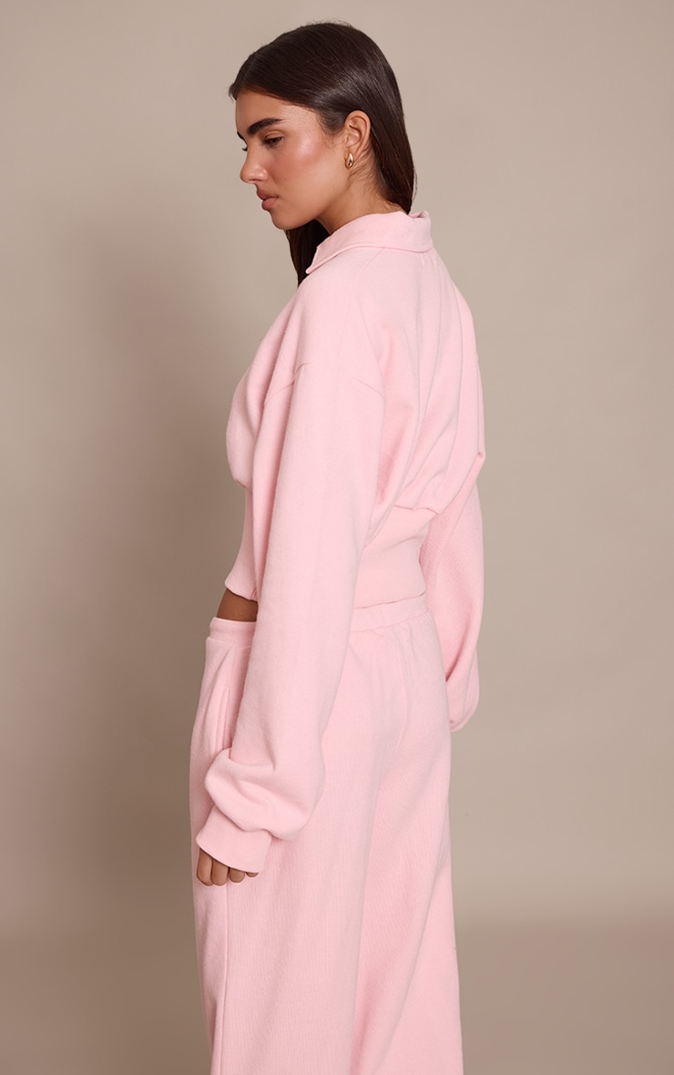 Baby Pink Brushed Rib Cinched Waist Balloon Sleeve Polo Top image 2