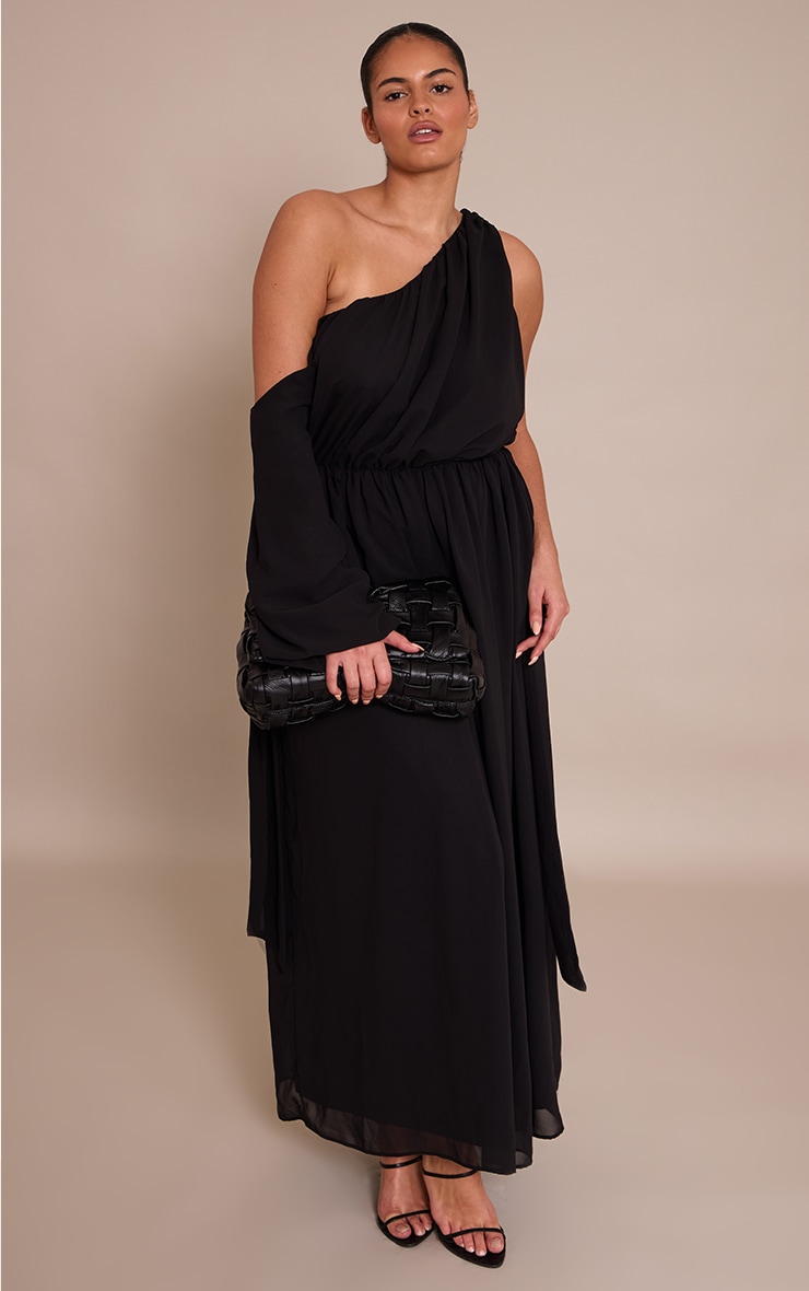 Plus Robe longue en mousseline de soie noire drapée à manches longues image 1