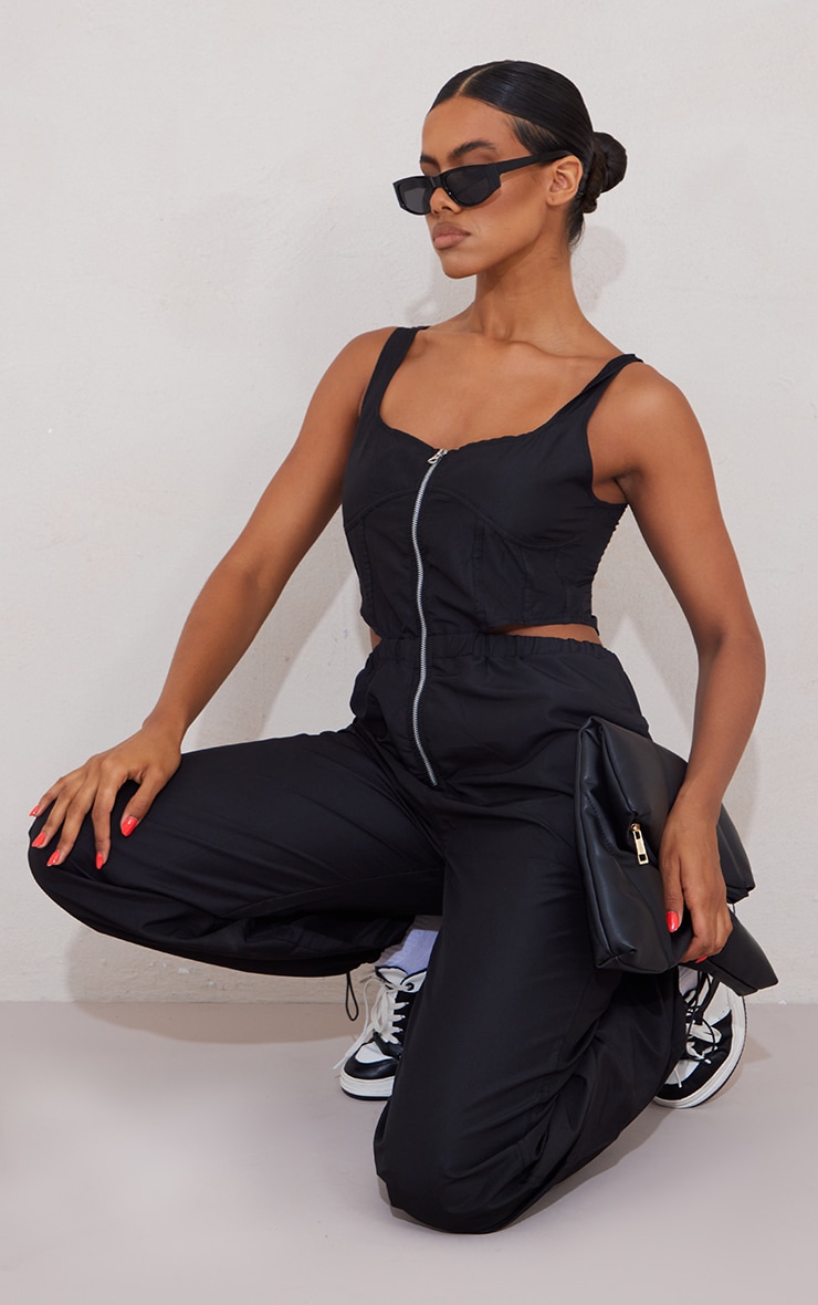 Black Square Neck Zip Front Toggle Hem Utility Jumpsuit image 1