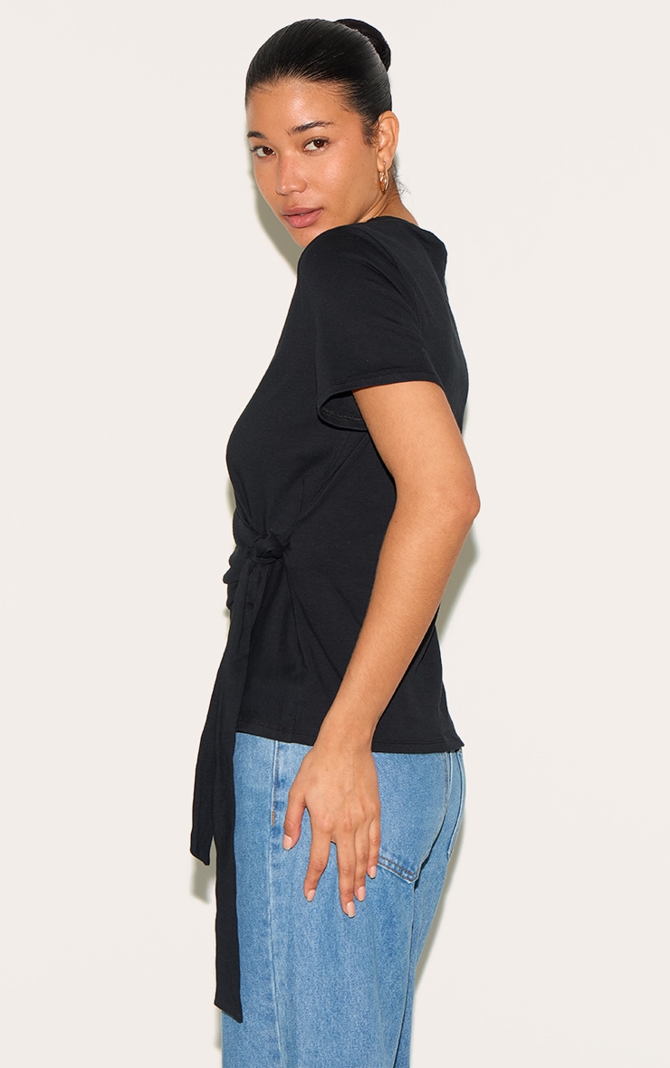 Black Cotton Tie Detail Oversized T Shirt image 2