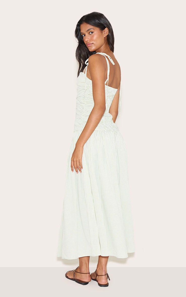 Sage Green Check Ruched Detail Strappy Maxi Dress image 2
