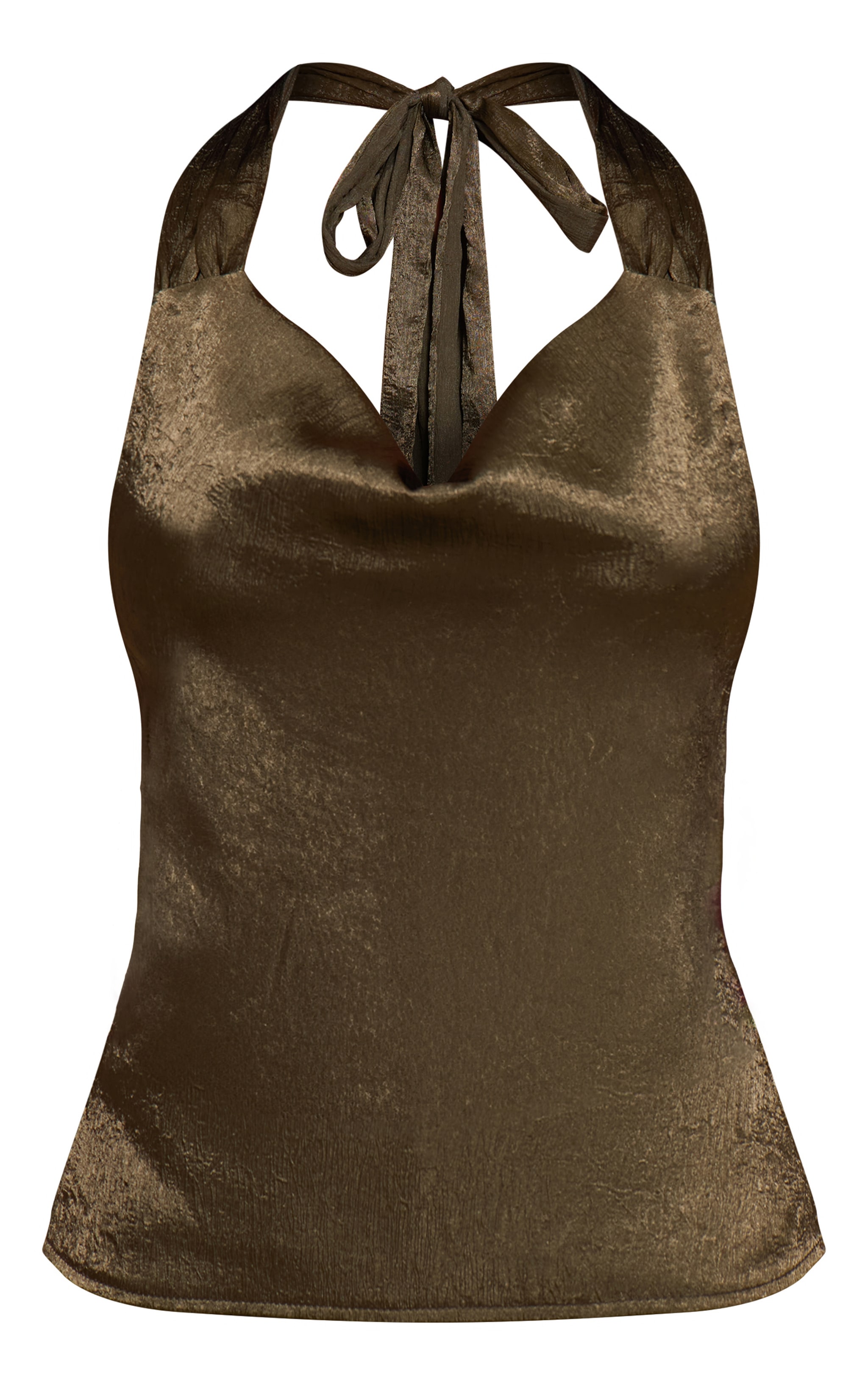 Petite Khaki Textured Halterneck Tie Long Top image 5