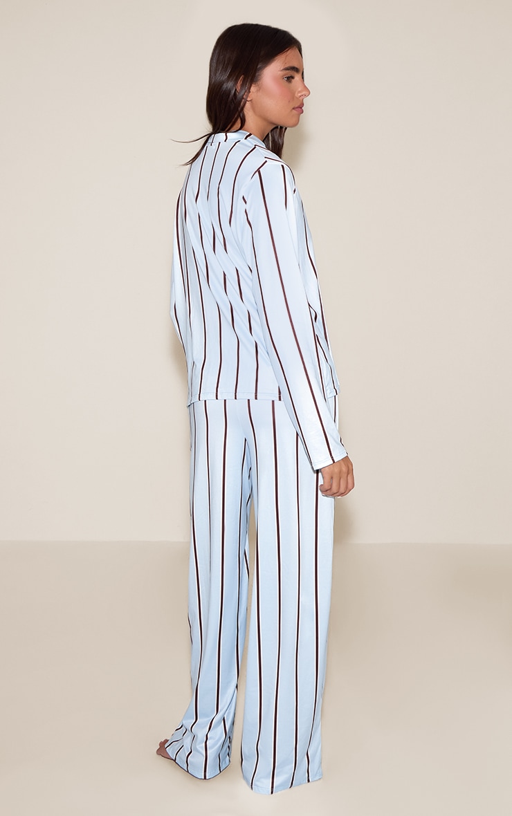 Blue & Brown Striped Long Sleeve Button Through PJ Set image 2