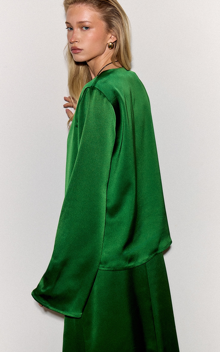 Green Satin Tie Front Boxy Shirt image 2