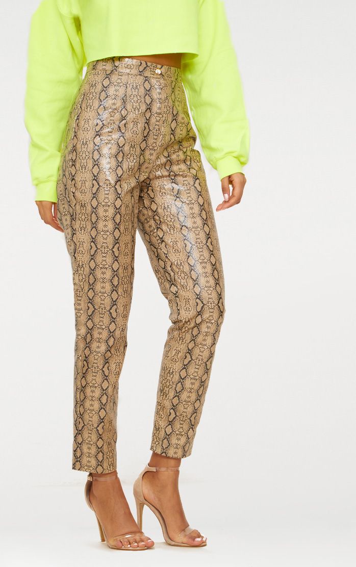 Taupe Faux Leather Snake Print Slim Leg Trousers image 2