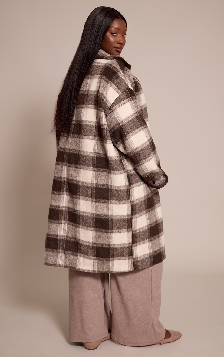 Plus Brown Checked Structured Double Breasted Wool Look Maxi Coat image 2