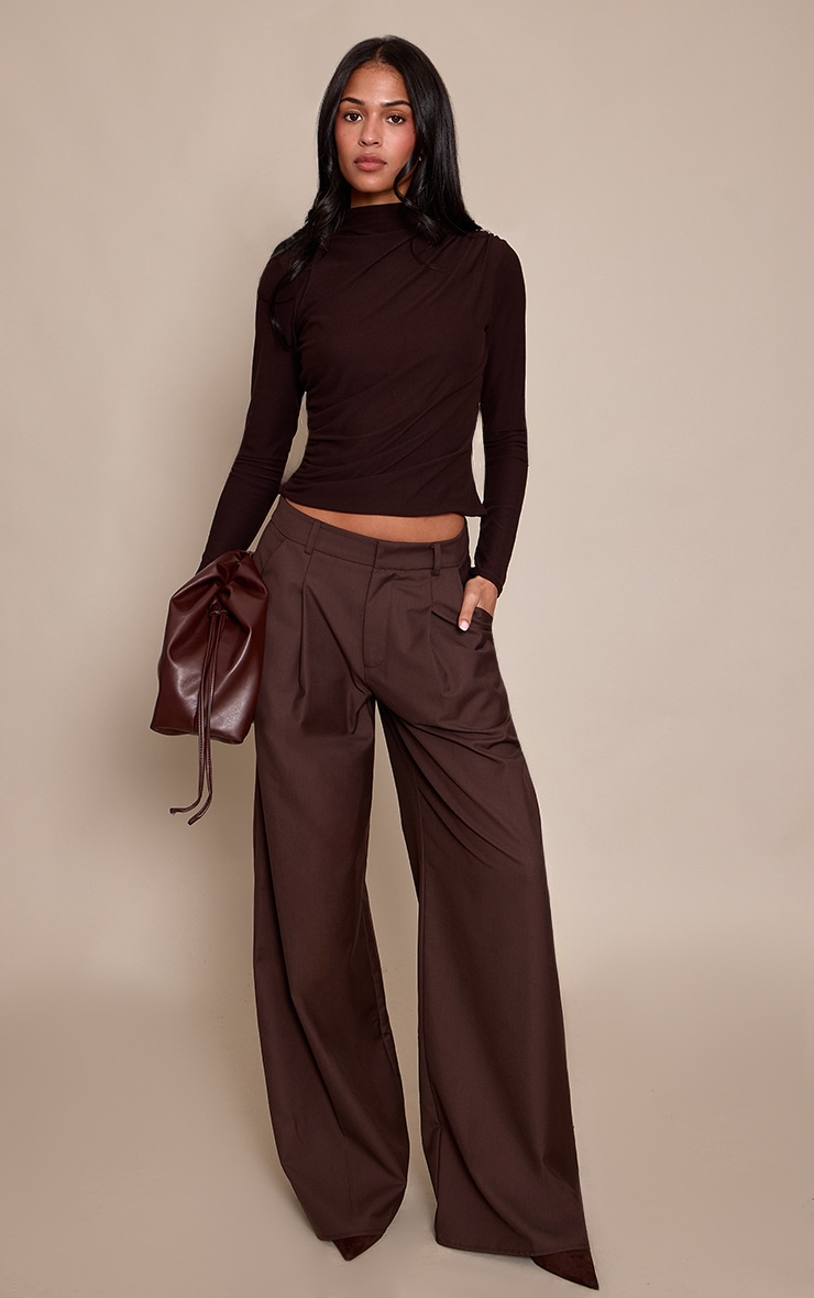 Tall Chocolate Woven Double Pleat Wide Leg Trousers