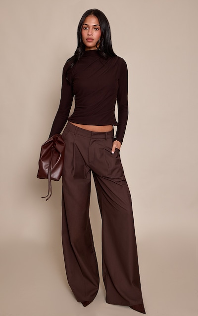 Tall Chocolate Woven Double Pleat Wide Leg Trousers