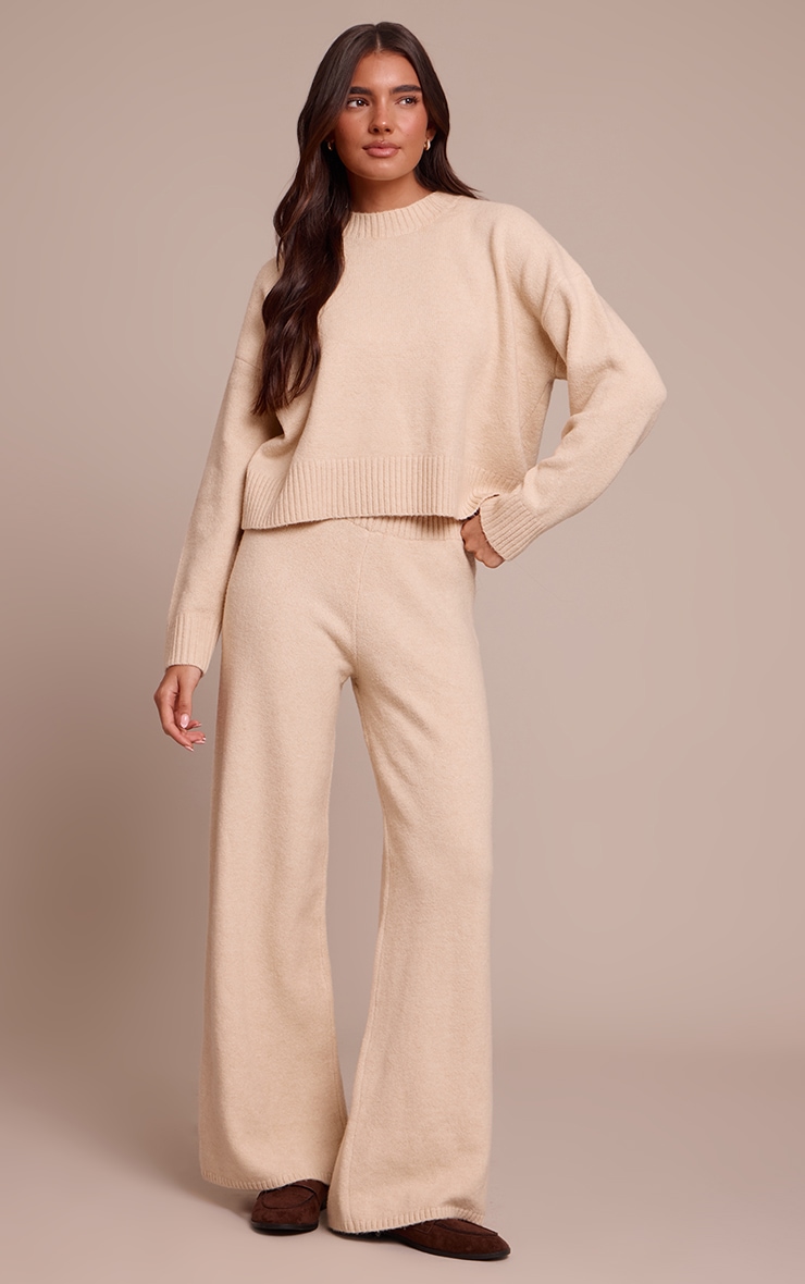 Pull court en maille tricot beige chiné à col ras image 3